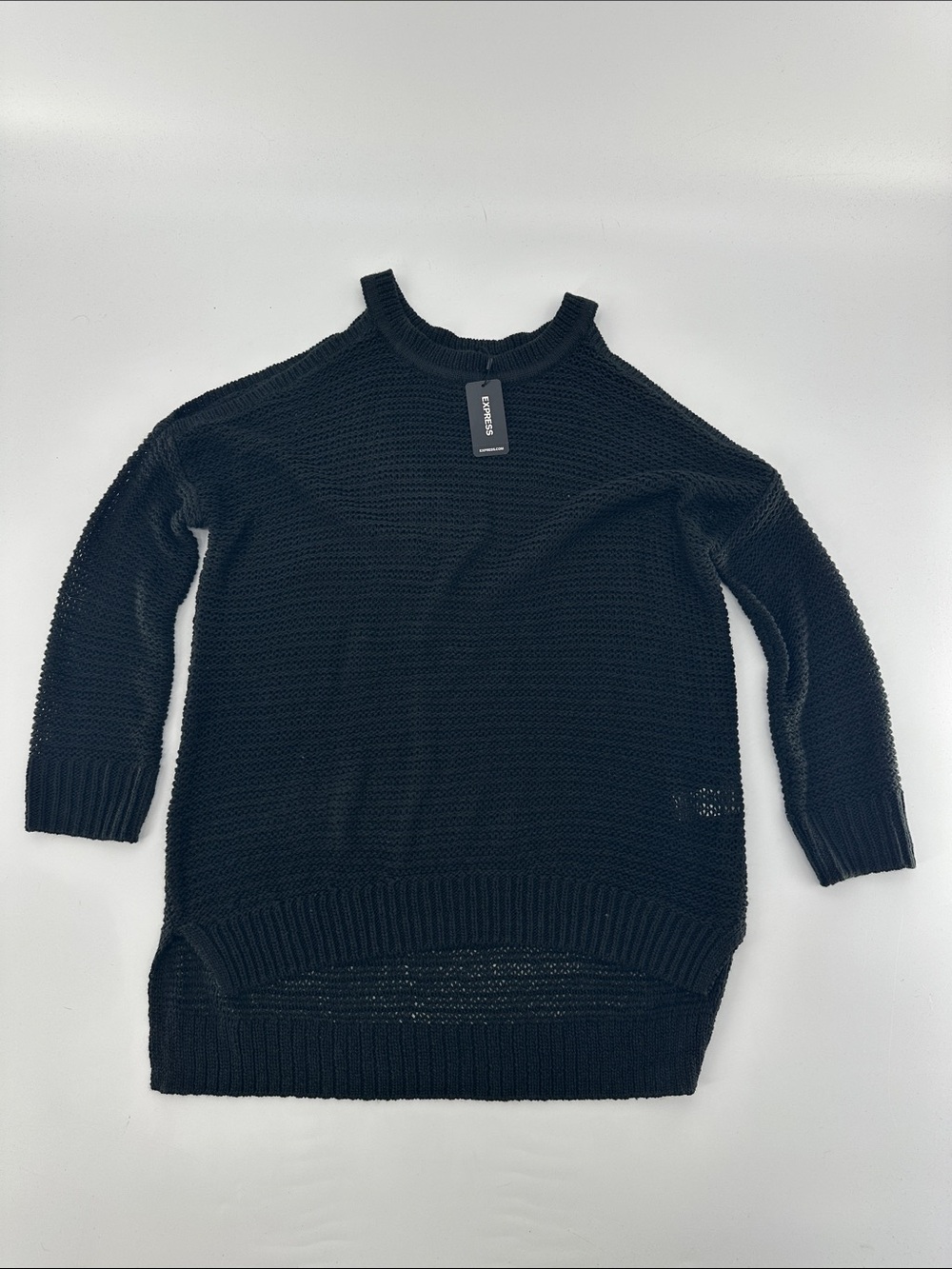 Express Black Open-Knit, Open Shoulder Crewneck Sweater
